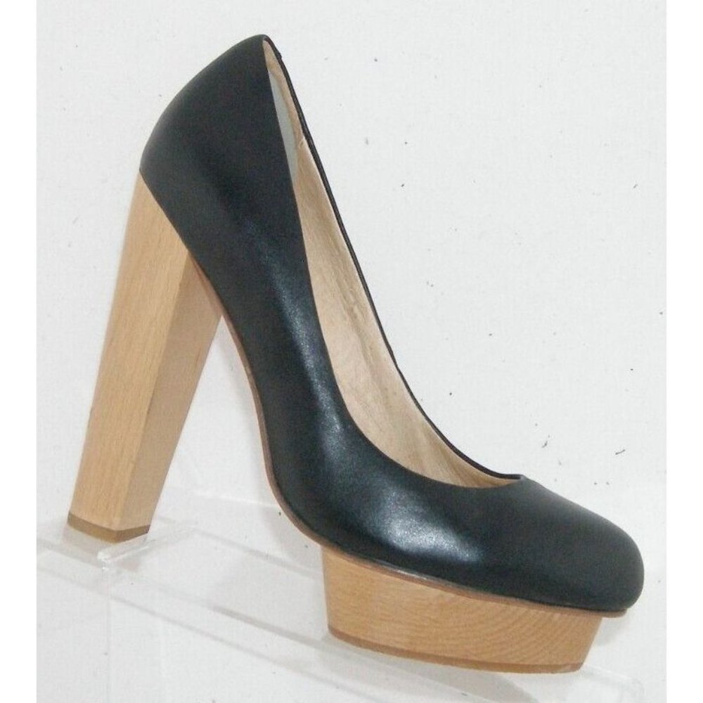 Madison Harding Spock black leather round toe island wood platform heels 8
